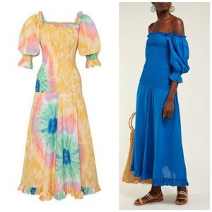 Rhode Eva Rainbow Tie Dye Smocked Off Shoulder Maxi Dress $525 Small